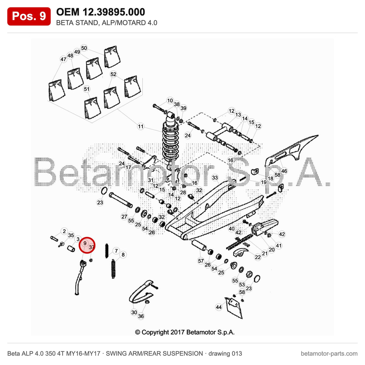 BETA STAND, ALP/MOTARD 4.0 – OEM 12.39895.000, position 9 on the Beta ALP 4.0 350 4T MY16-MY17 swing arm/rear suspension drawing