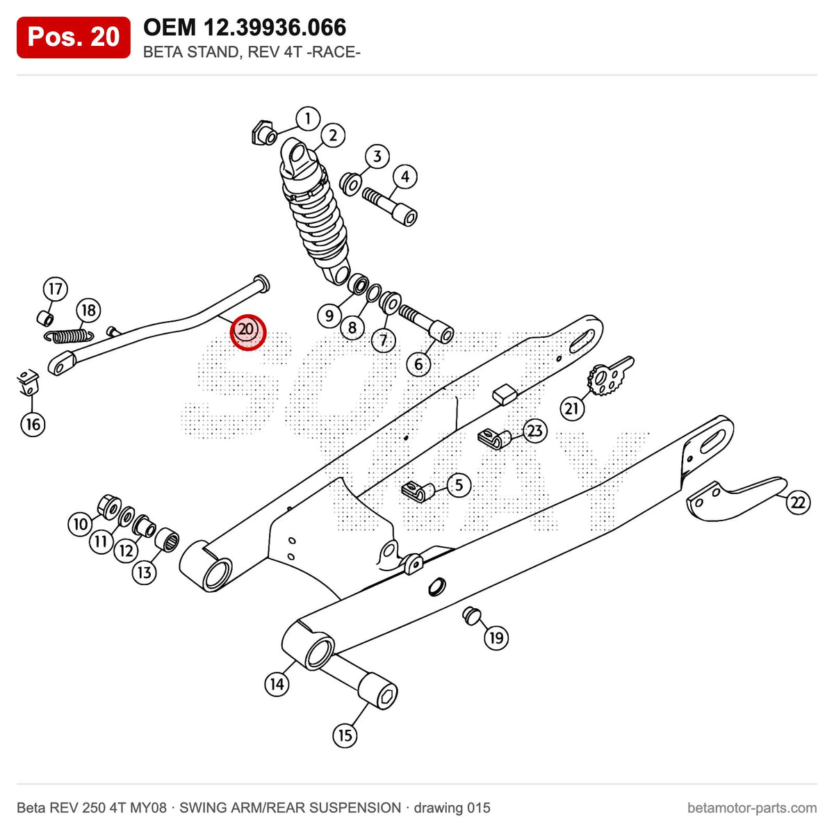 BETA STAND, REV 4T -RACE- – OEM 12.39936.066, position 20 on the Beta REV 250 4T MY08 swing arm/rear suspension drawing