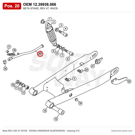 BETA STAND, REV 4T -RACE- – OEM 12.39936.066, position 20 on the Beta REV 250 4T MY08 swing arm/rear suspension drawing