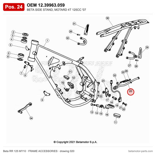 BETA SIDE STAND, MOTARD 4T 125CC '07 – OEM 12.39963.059, position 24 on the Beta RR 125 MY10 frame accessories drawing