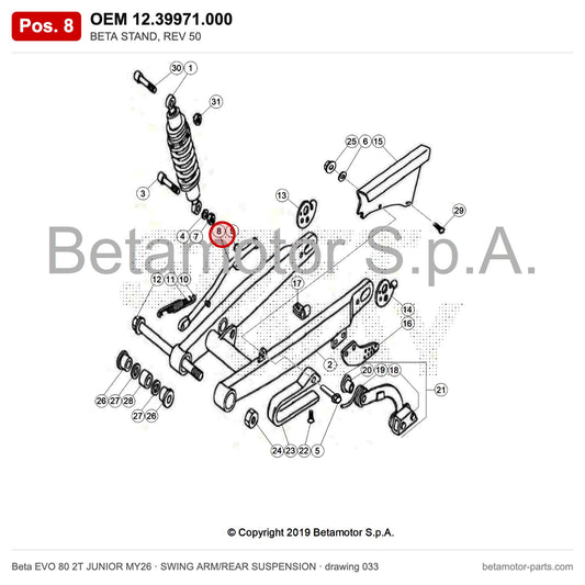 BETA STAND, REV 50 – OEM 12.39971.000, position 8 on the Beta EVO 80 2T JUNIOR MY26 swing arm/rear suspension drawing