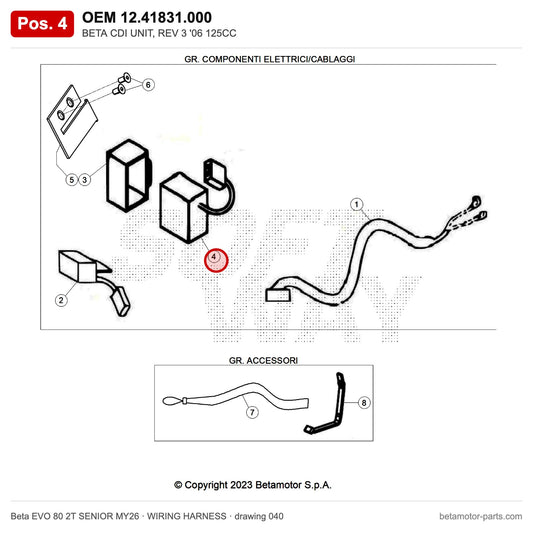 BETA CDI UNIT, REV 3 '06 125CC – OEM 12.41831.000, position 4 on the Beta EVO 80 2T SENIOR MY26 wiring harness drawing