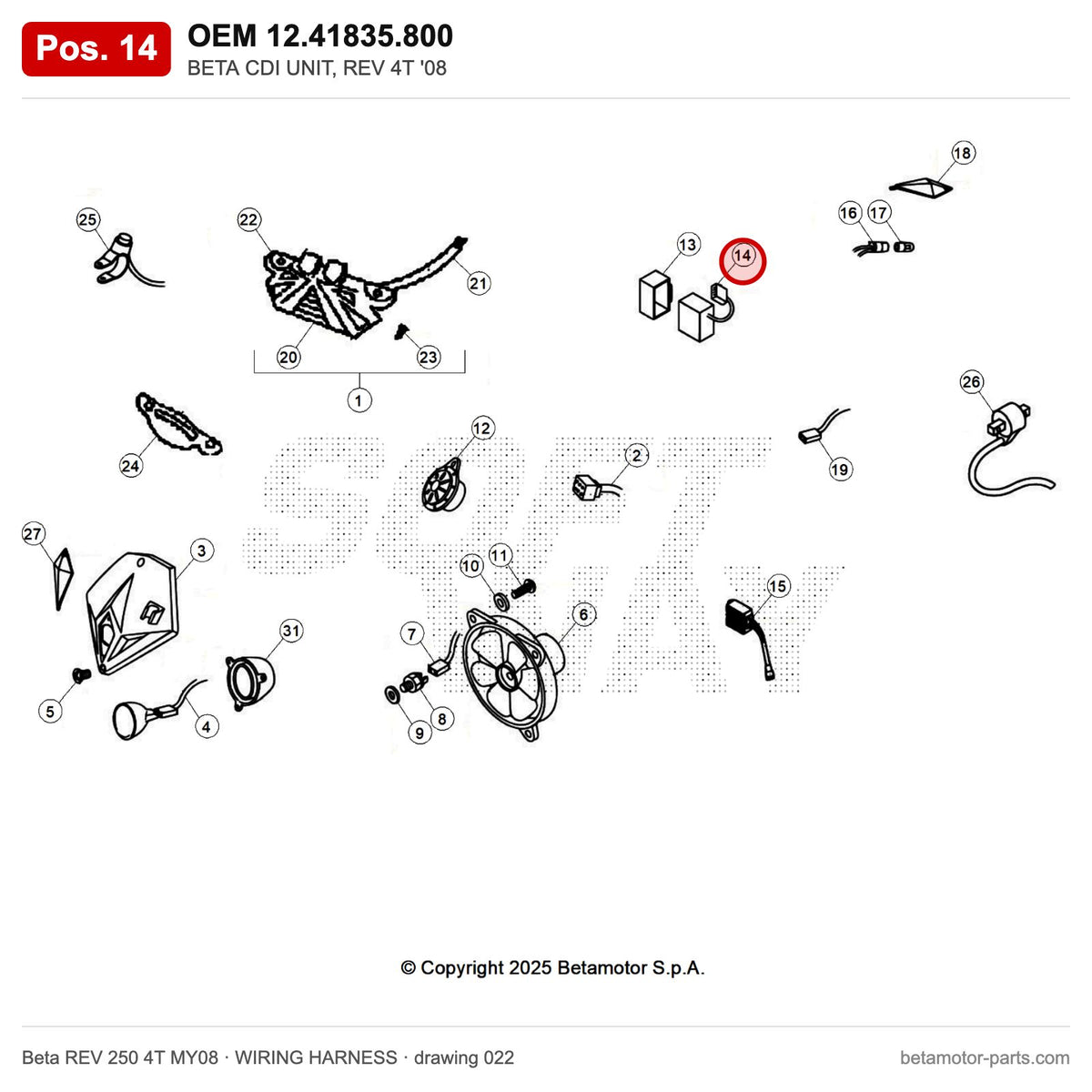 BETA CDI UNIT, REV 4T '08 – OEM 12.41835.800, position 14 on the Beta REV 250 4T MY08 wiring harness drawing