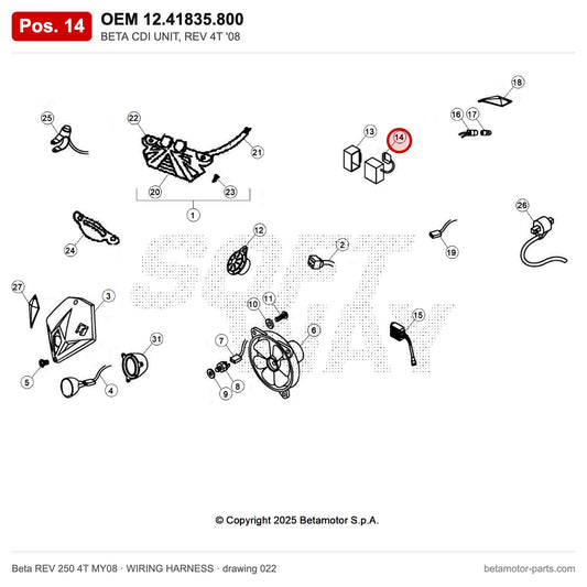 BETA CDI UNIT, REV 4T '08 – OEM 12.41835.800, position 14 on the Beta REV 250 4T MY08 wiring harness drawing