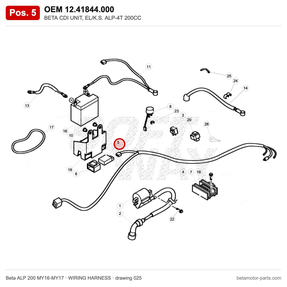 BETA CDI UNIT, EL/K.S. ALP-4T 200CC – OEM 12.41844.000, position 5 on the Beta ALP 200 MY16-MY17 wiring harness drawing