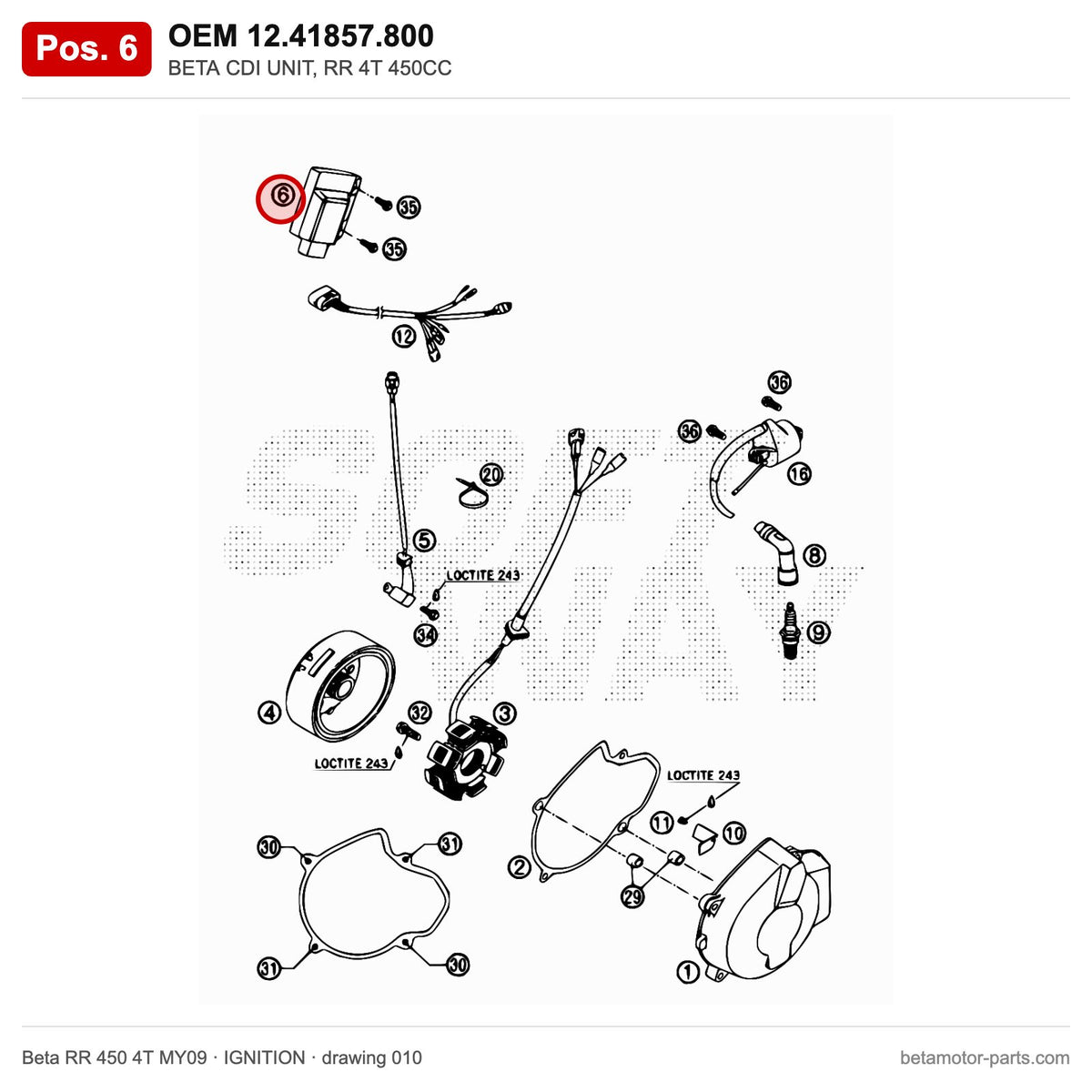 BETA CDI UNIT, RR 4T 450CC – OEM 12.41857.800, position 6 on the Beta RR 450 4T MY09 ignition drawing