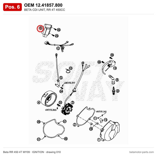 BETA CDI UNIT, RR 4T 450CC – OEM 12.41857.800, position 6 on the Beta RR 450 4T MY09 ignition drawing