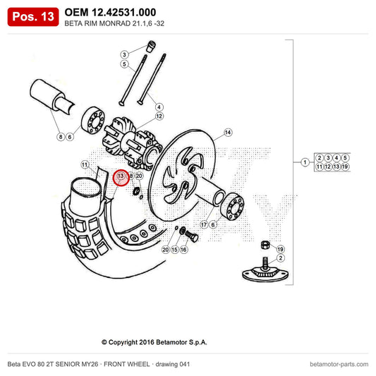 BETA RIM MONRAD 21.1,6 -32 – OEM 12.42531.000, position 13 on the Beta EVO 80 2T SENIOR MY26 front wheel drawing
