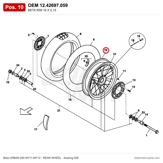 BETA RIM 16 X 2,15 – OEM 12.42697.059, position 10 on the Beta URBAN 200 MY11-MY12 rear wheel drawing