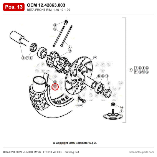 BETA FRONT RIM, 1.40-19-1-00 – OEM 12.42863.003, position 13 on the Beta EVO 80 2T JUNIOR MY26 front wheel drawing
