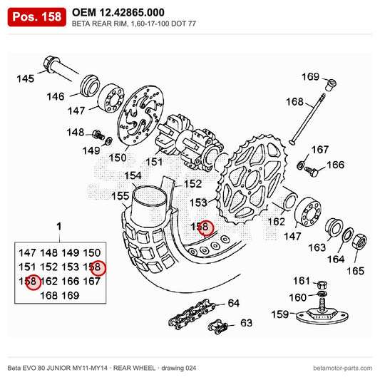 BETA REAR RIM, 1,60-17-100 DOT 77 – OEM 12.42865.000, position 158 on the Beta EVO 80 JUNIOR MY11-MY14 rear wheel drawing