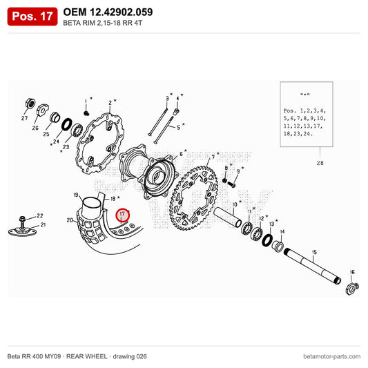 BETA RIM 2,15-18 RR 4T – OEM 12.42902.059, position 17 on the Beta RR 400 MY09 rear wheel drawing