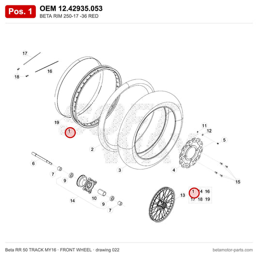 BETA RIM 250-17 -36 RED – OEM 12.42935.053, position 1 on the Beta RR 50 TRACK MY16 front wheel drawing