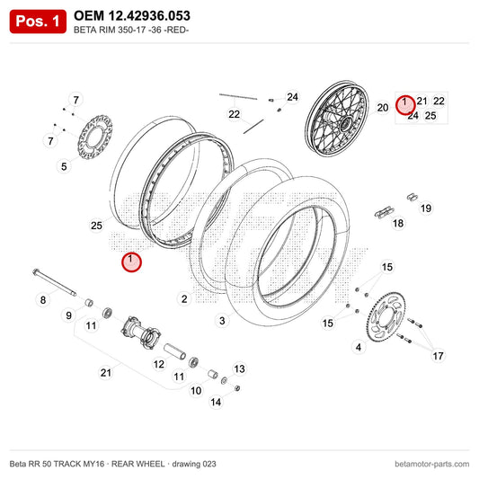 BETA RIM 350-17 -36 -RED- – OEM 12.42936.053, position 1 on the Beta RR 50 TRACK MY16 rear wheel drawing