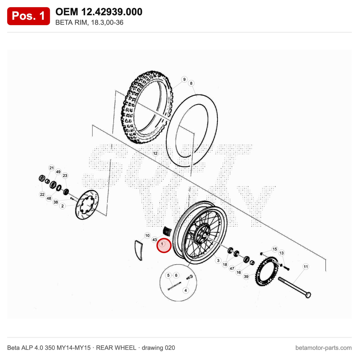 BETA RIM, 18.3,00-36 – OEM 12.42939.000, position 1 on the Beta ALP 4.0 350 MY14-MY15 rear wheel drawing