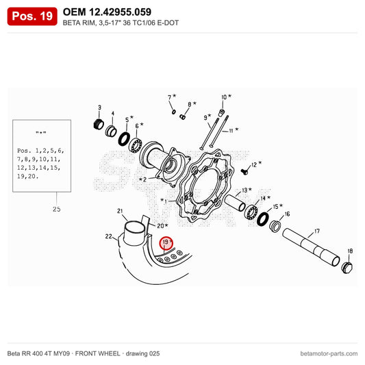 BETA RIM, 3,5-17" 36 TC1/06 E-DOT – OEM 12.42955.059, position 19 on the Beta RR 400 4T MY09 front wheel drawing