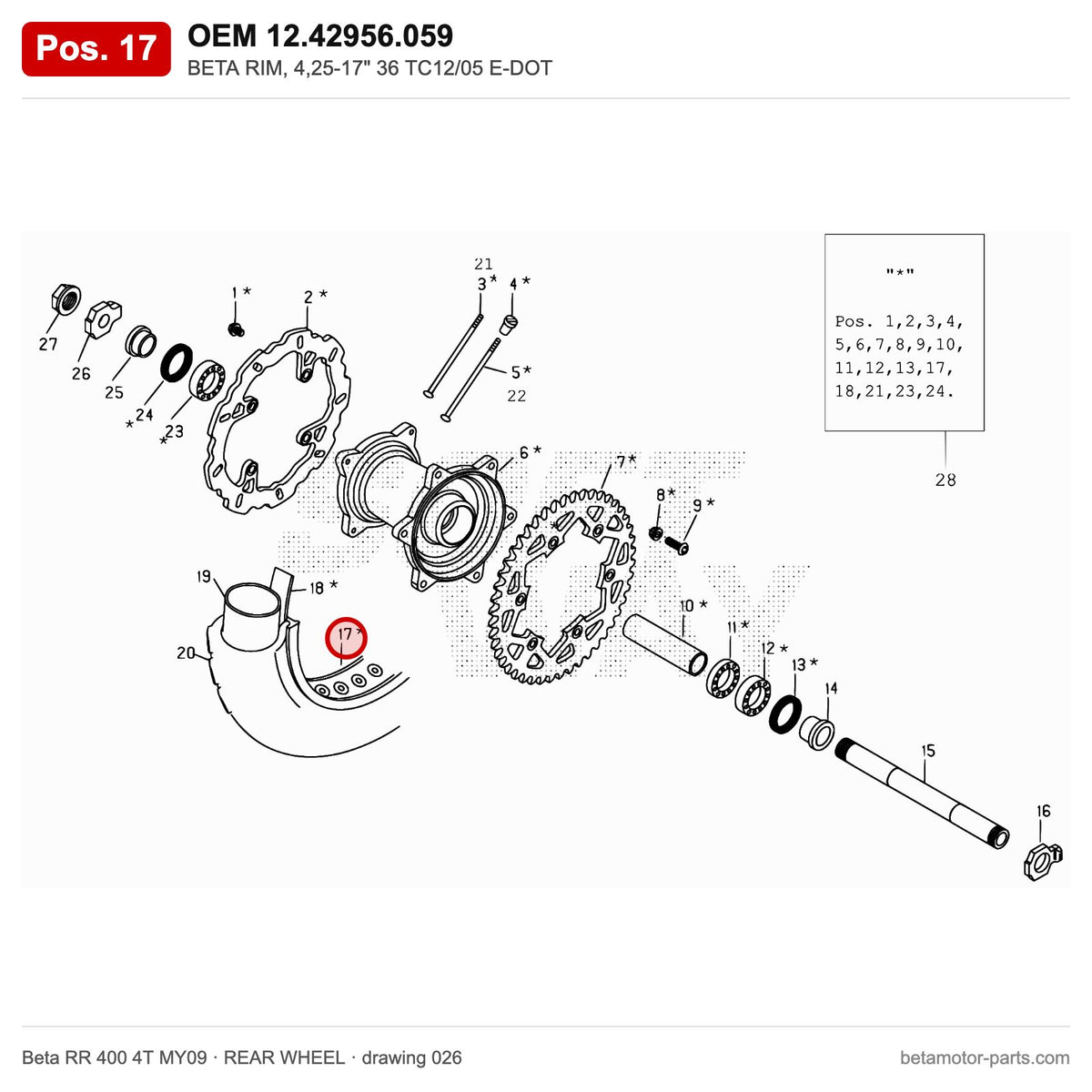 BETA RIM, 4,25-17" 36 TC12/05 E-DOT – OEM 12.42956.059, position 17 on the Beta RR 400 4T MY09 rear wheel drawing