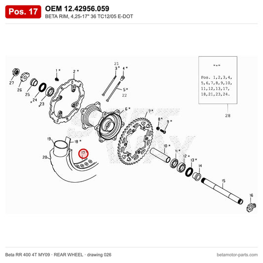 BETA RIM, 4,25-17" 36 TC12/05 E-DOT – OEM 12.42956.059, position 17 on the Beta RR 400 4T MY09 rear wheel drawing