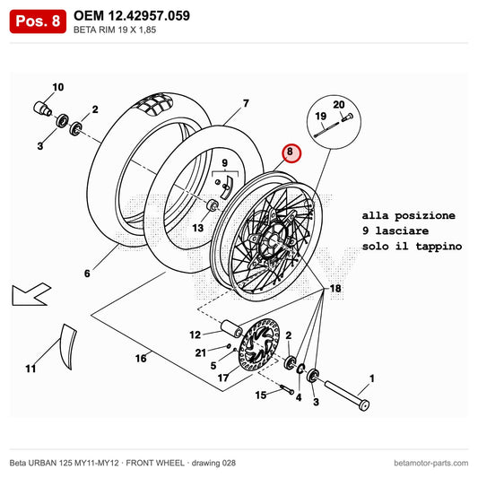BETA RIM 19 X 1,85 – OEM 12.42957.059, position 8 on the Beta URBAN 125 MY11-MY12 front wheel drawing