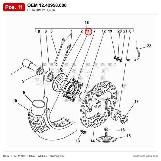 BETA RIM 21.1,6.36 – OEM 12.42958.000, position 11 on the Beta RR 50 MY07 front wheel drawing