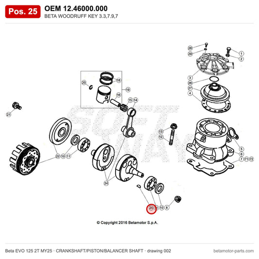 BETA WOODRUFF KEY 3.3,7.9,7 – OEM 12.46000.000, position 25 on the Beta EVO 125 2T MY25 crankshaft/piston/balancer shaft drawing