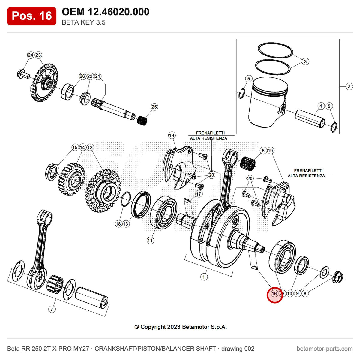 BETA KEY 3.5 – OEM 12.46020.000, position 16 on the Beta RR 250 2T X-PRO MY27 crankshaft/piston/balancer shaft drawing