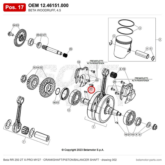 BETA WOODRUFF, 4.5 – OEM 12.46151.000, position 17 on the Beta RR 250 2T X-PRO MY27 crankshaft/piston/balancer shaft drawing