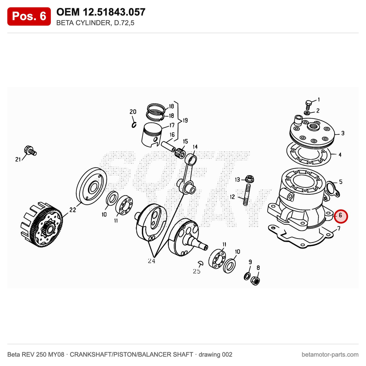 BETA CYLINDER, D.72,5 – OEM 12.51843.057, position 6 on the Beta REV 250 MY08 crankshaft/piston/balancer shaft drawing