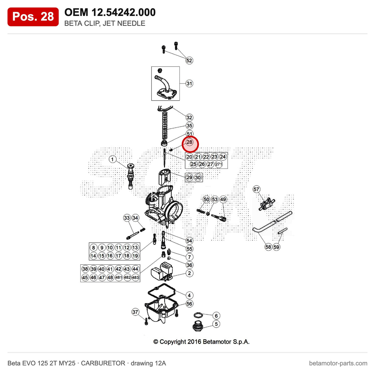 BETA CLIP, JET NEEDLE – OEM 12.54242.000, position 28 on the Beta EVO 125 2T MY25 carburetor drawing