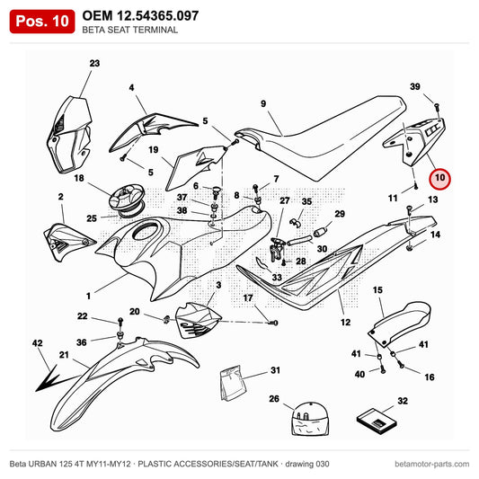 BETA SEAT TERMINAL – OEM 12.54365.097, position 10 on the Beta URBAN 125 4T MY11-MY12 plastic accessories/seat/tank drawing