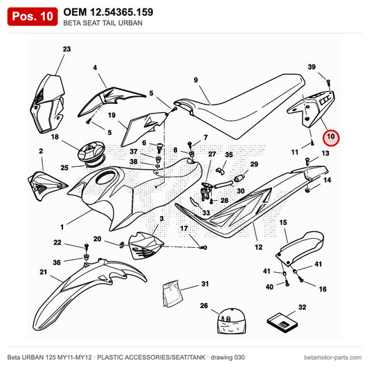 BETA SEAT TAIL URBAN – OEM 12.54365.159, position 10 on the Beta URBAN 125 MY11-MY12 plastic accessories/seat/tank drawing
