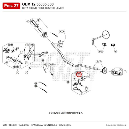 BETA FIXING REST, CLUTCH LEVER – OEM 12.55005.000, position 27 on the Beta RR 50 2T RACE 2026 handlebar/controls drawing