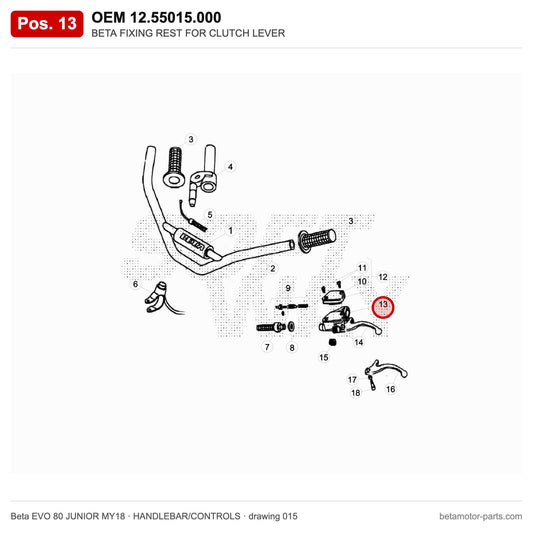 BETA FIXING REST FOR CLUTCH LEVER – OEM 12.55015.000, position 13 on the Beta EVO 80 JUNIOR MY18 handlebar/controls drawing