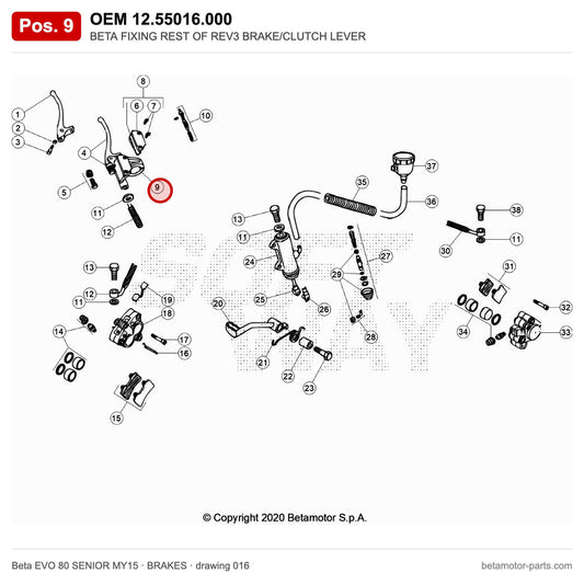 BETA FIXING REST OF REV3 BRAKE/CLUTCH LEVER – OEM 12.55016.000, position 9 on the Beta EVO 80 SENIOR MY15 brakes drawing