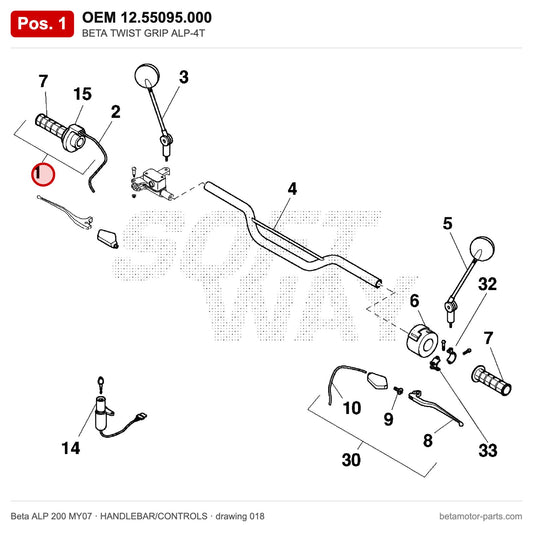 BETA TWIST GRIP ALP-4T – OEM 12.55095.000, shown on the Beta ALP 200 MY07 handlebar/controls drawing