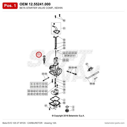 BETA STARTER VALVE COMP., KEIHIN – OEM 12.55241.000, position 1 on the Beta EVO 125 2T MY25 carburetor drawing