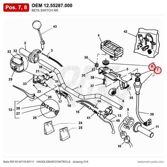 BETA SWITCH RR – OEM 12.55287.000, positions 7,8 on the Beta RR 50 MY10-MY11 handlebar/controls drawing