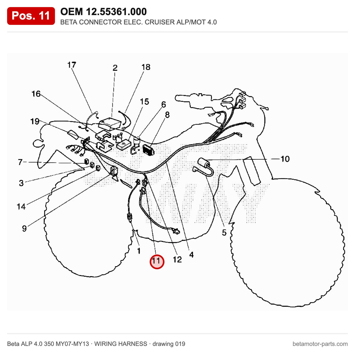 BETA CONNECTOR ELEC. CRUISER ALP/MOT 4.0 – OEM 12.55361.000, shown on the Beta ALP 4.0 350 MY07-MY13 wiring harness drawing