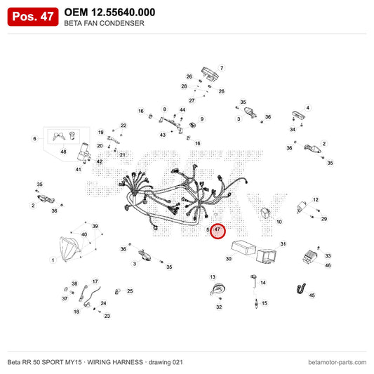 BETA FAN CONDENSER – OEM 12.55640.000, position 47 on the Beta RR 50 SPORT MY15 wiring harness drawing