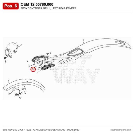 BETA CONTAINER GRILL, LEFT REAR FENDER – OEM 12.55780.000, position 6 on the Beta REV 250 MY05 plastic accessories/seat/tank drawing