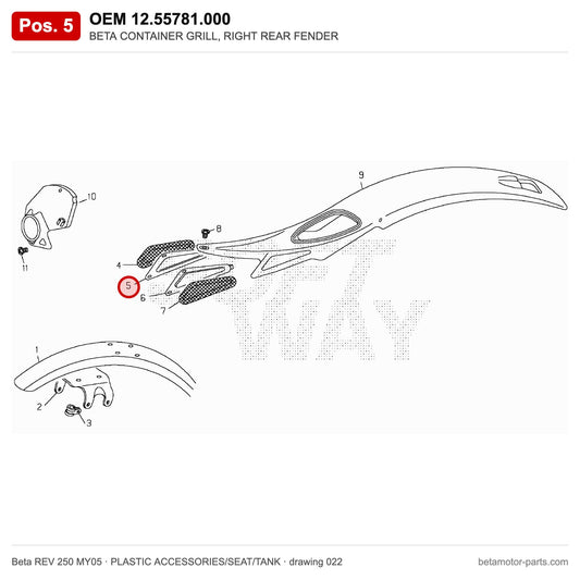 BETA CONTAINER GRILL, RIGHT REAR FENDER – OEM 12.55781.000, position 5 on the Beta REV 250 MY05 plastic accessories/seat/tank drawing
