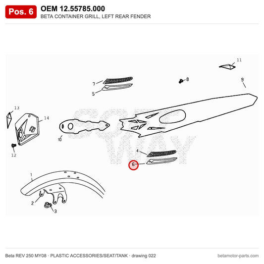 BETA CONTAINER GRILL, LEFT REAR FENDER – OEM 12.55785.000, position 6 on the Beta REV 250 MY08 plastic accessories/seat/tank drawing