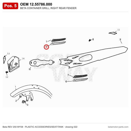 BETA CONTAINER GRILL, RIGHT REAR FENDER – OEM 12.55786.000, position 5 on the Beta REV 250 MY08 plastic accessories/seat/tank drawing