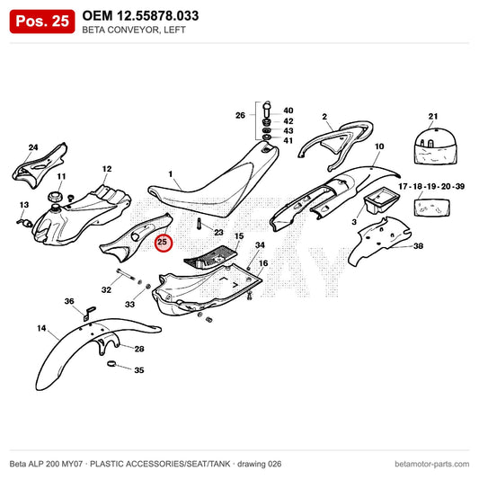 BETA CONVEYOR, LEFT – OEM 12.55878.033, position 25 on the Beta ALP 200 MY07 plastic accessories/seat/tank drawing