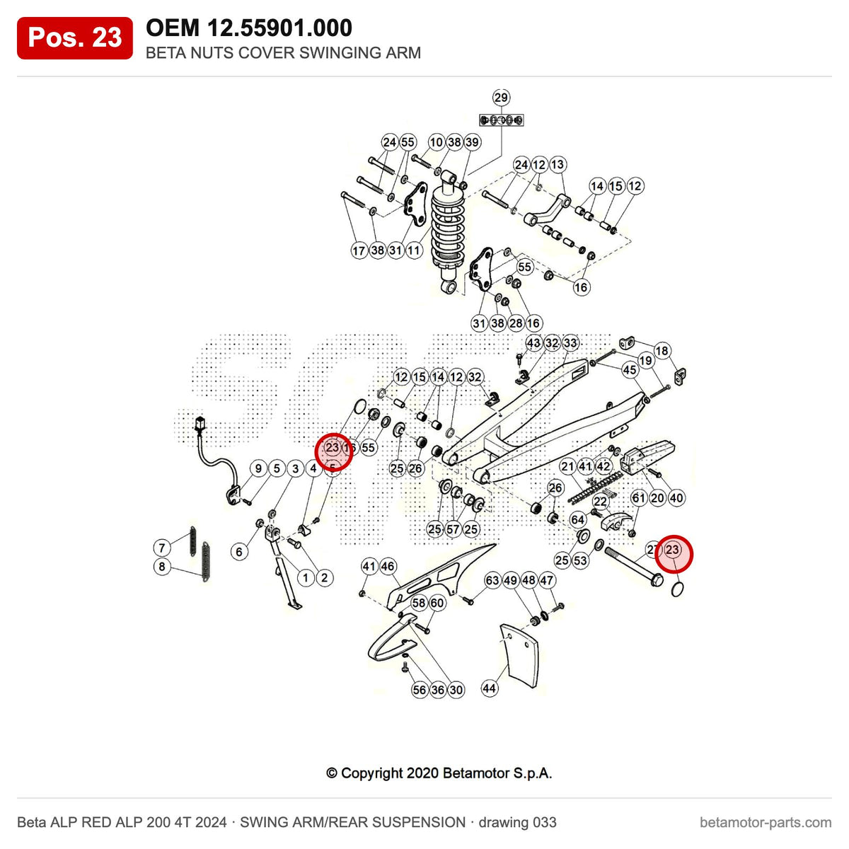 BETA NUTS COVER SWINGING ARM – OEM 12.55901.000, position 23 on the Beta ALP RED ALP 200 4T 2024 swing arm/rear suspension drawing