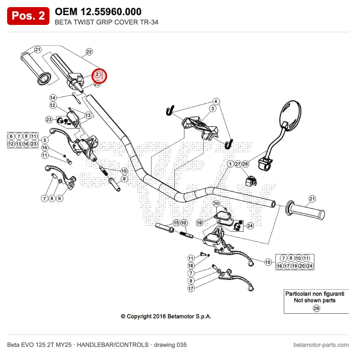 BETA TWIST GRIP COVER TR-34 – OEM 12.55960.000, position 2 on the Beta EVO 125 2T MY25 handlebar/controls drawing