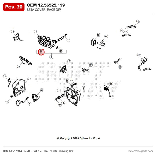 BETA COVER, RACE DIP – OEM 12.56525.159, position 20 on the Beta REV 250 4T MY08 wiring harness drawing