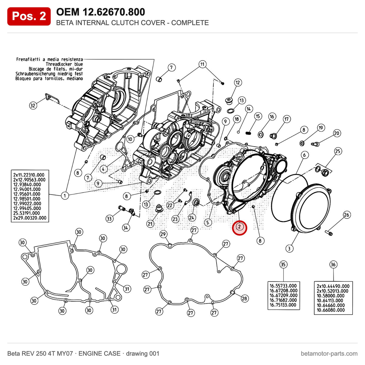 BETA INTERNAL CLUTCH COVER - COMPLETE – OEM 12.62670.800, position 2 on the Beta REV 250 4T MY07 engine case drawing
