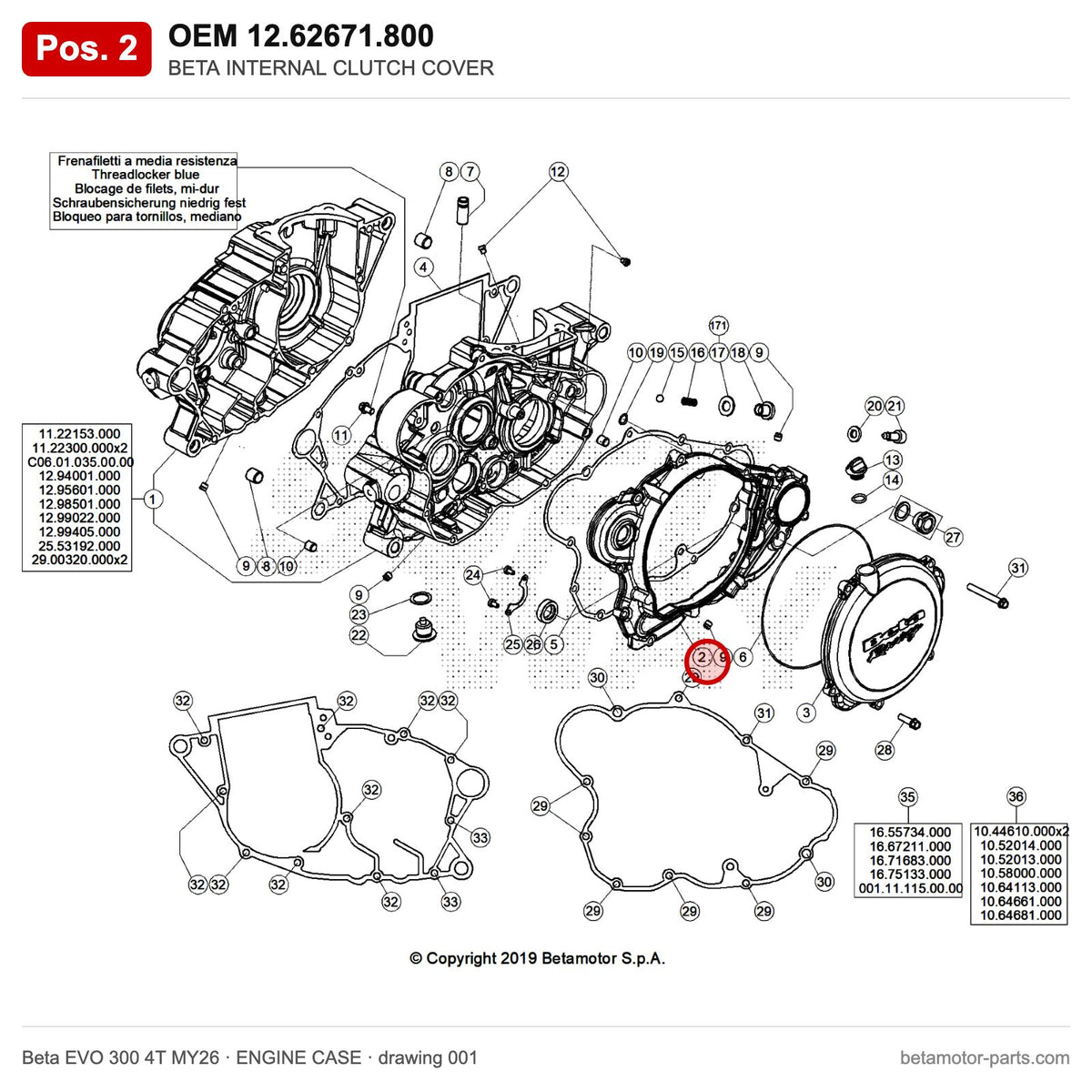 BETA INTERNAL CLUTCH COVER – OEM 12.62671.800, position 2 on the Beta EVO 300 4T MY26 engine case drawing