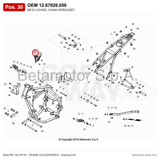 BETA COVER, CHAIN SPROCKET – OEM 12.67928.059, position 30 on the Beta RR 125 MY16 frame accessories drawing